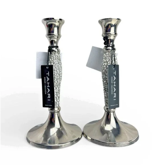 Tahari Home Set of 2 Silver Rhinestone Candle Holders Glam Decor - Picture 2 of 8